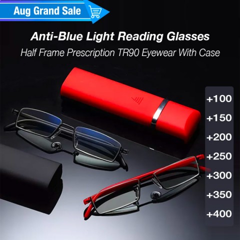 Metal Anti-Blue Light Reading Glasses Half Frame Prescription TR90 Eyewear With Case