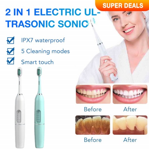 2 in 1 Electric Ultrasonic Sonic Dental Scaler USB Toothbrush Tooth Cleaner Whiten Teeth Tartar Remove Tool