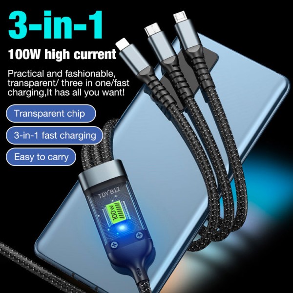 100W Transparent Luminous Ultra-fast Charging Three-in-one Data Cable