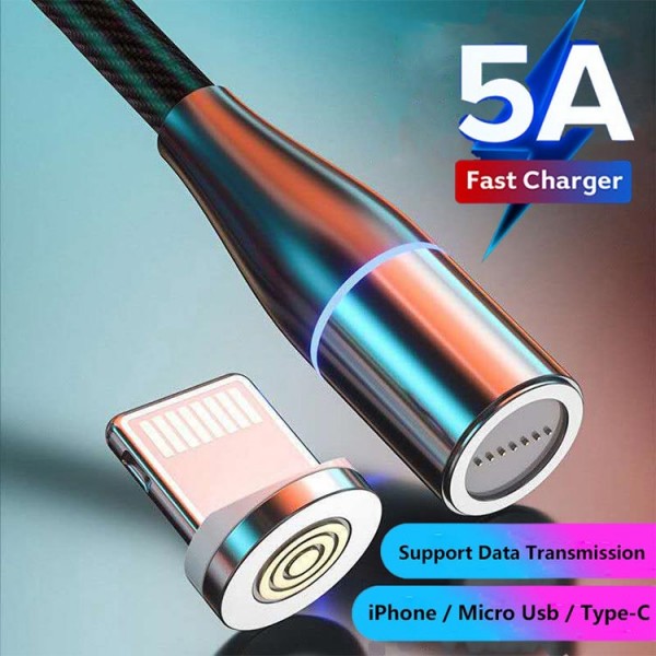 5A Fast Charging Cable 3 in 1 Micro Usb / Type-C Magnetic USB Cable Data Cable with Led Light 