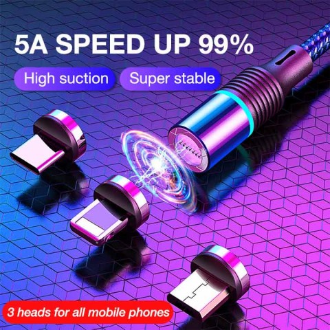 5A Fast Charging Cable 3 in 1 Micro Usb / Type-C Magnetic USB Cable Data Cable with Led Light 