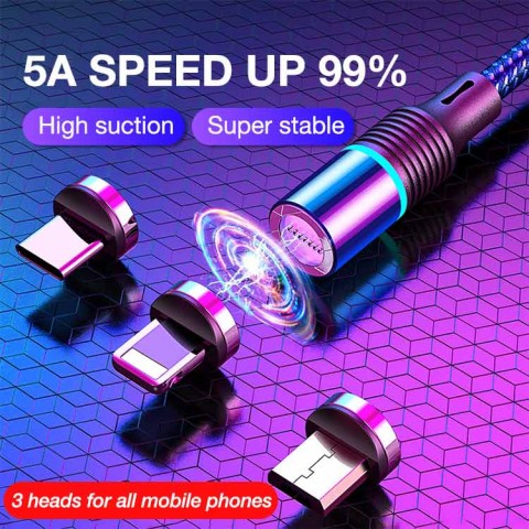 5A Fast Charging Cable 3 in 1 Micro Usb / Type-C Magnetic USB Cable Data Cable with Led Light 