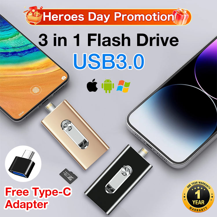 Heroes Day Promotion -  One year warranty - 3 in 1 Flash Drive - Applicable to multiple devices, Android/Apple/USB3.0/Type C