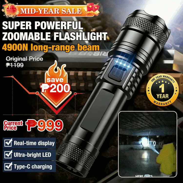 Mid-year Promo to save 200P Now - One Year Warranty - Super Powerful Zoomable Flashlight - Battery display/Ultra-light LED/Type-c charging - Up to 4900m illumination range