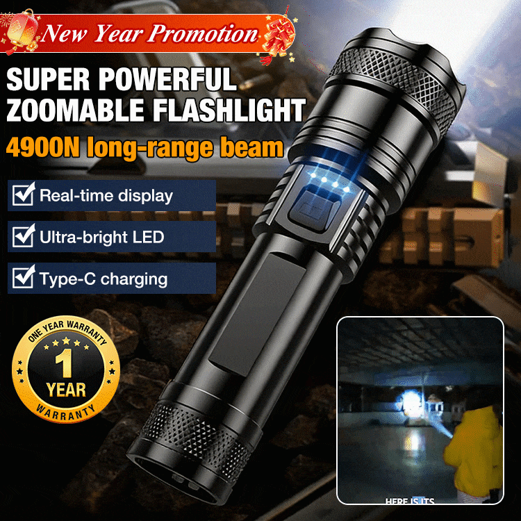 New year promotion Save 200P - One Year Warranty - Super Powerful Zoomable Flashlight - Battery display/Ultra-light LED/Type-c charging - Up to 4900m illumination range